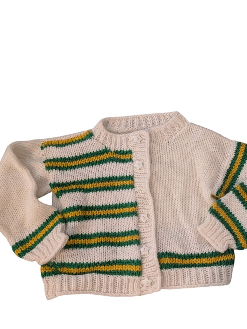 70s Vintage Homespun Toddler Green Gold And White Knit‎ Cardigan Sweater